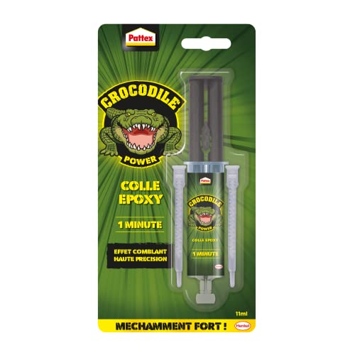 Pattex Crocodile Power Colle Époxy 1 Minute, colle à base de résine époxy avec seringue mélangeuse prête à l'emploi, colle forte adaptée aux surfaces irrégulières, 11 ml