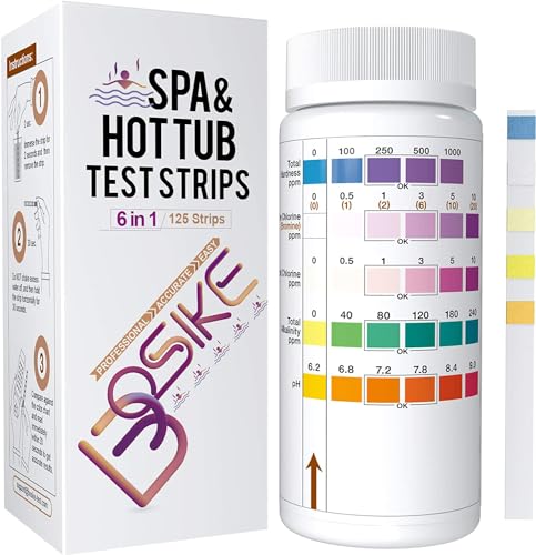 BOSIKE 6 en 1 Testeur Chlore en Bandelette pour Eau de Piscine et SPA - 125 Bandelettes de Test pour la Dureté Totale, le Chlore Libre, le Brome, l'Alcalinité, le Chlore Total, Ph