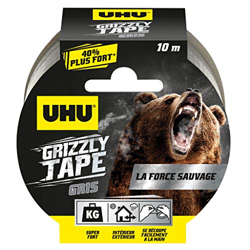 UHU Grizzly tape - Ruban adhésif toilé waterproof pour réparer, consolider, colmater, connecter, ultra fort et durable, gris, 10mx50mm