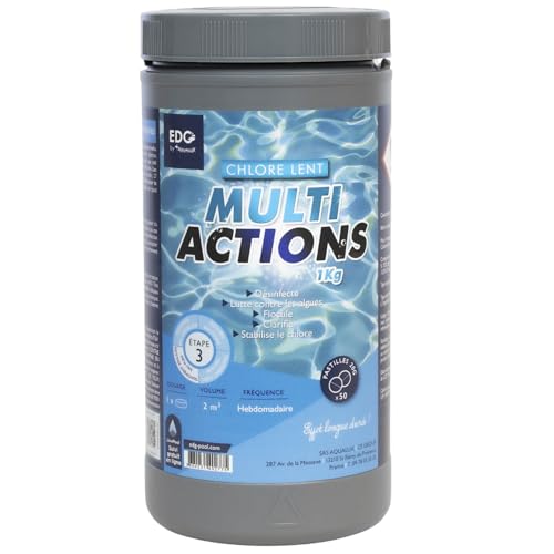 Chlore Multi Actions Piscine - Pastilles 20g - Boite 1 kg - Traitement Longue Durée Désinfectant Multi Fonctions - EDG