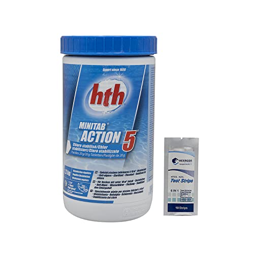 HTH MINITAB Action 5 Pastilles 20g - 1,2kg | Chlore Lent Stabilisé Multiaction - Désinfection Régulière Multifonction - Dissolution Lente + 10 Tests HPS OFFERTS 6 en 1