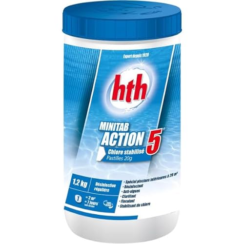 HTH MINITAB Action 5 Pastilles 20g - 1,2kg | Chlore Lent Stabilisé Multiaction - Désinfection Régulière Multifonction - Dissolution Lente + 10 Tests HPS OFFERTS 6 en 1