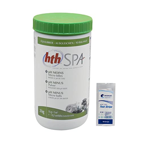 HTH Spa pH Moins Micro-Billes - 2kg | Correcteur de pH Solide - Baisse Le pH - Dissolution Rapide + 10 Tests HPS OFFERTS 6 en 1