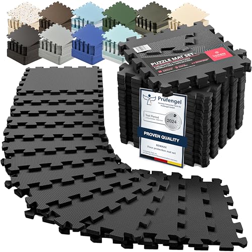 Tapis de Fitness Protection de Sol Salle de Sport - Dalles en Mousse sans BPA + Bordures | Matelas Puzzle Tatami EVA Caoutchouc pour Matériel Gym Banc de Musculation Course Garage Piscine Isolation